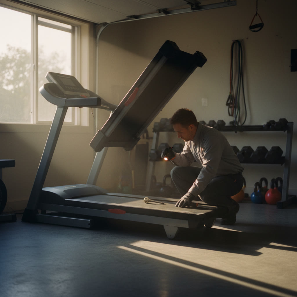 A technician inspects a home treadmill belt in a garage gym